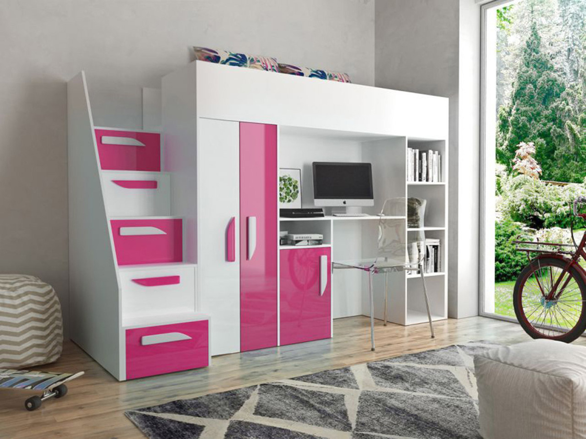 Loft bed Hartford 192 (White + Glossy pink + Glossy white)