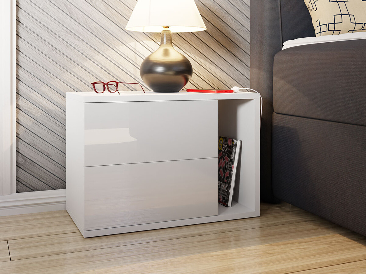 Bedside table Hederos (White + Glossy white)