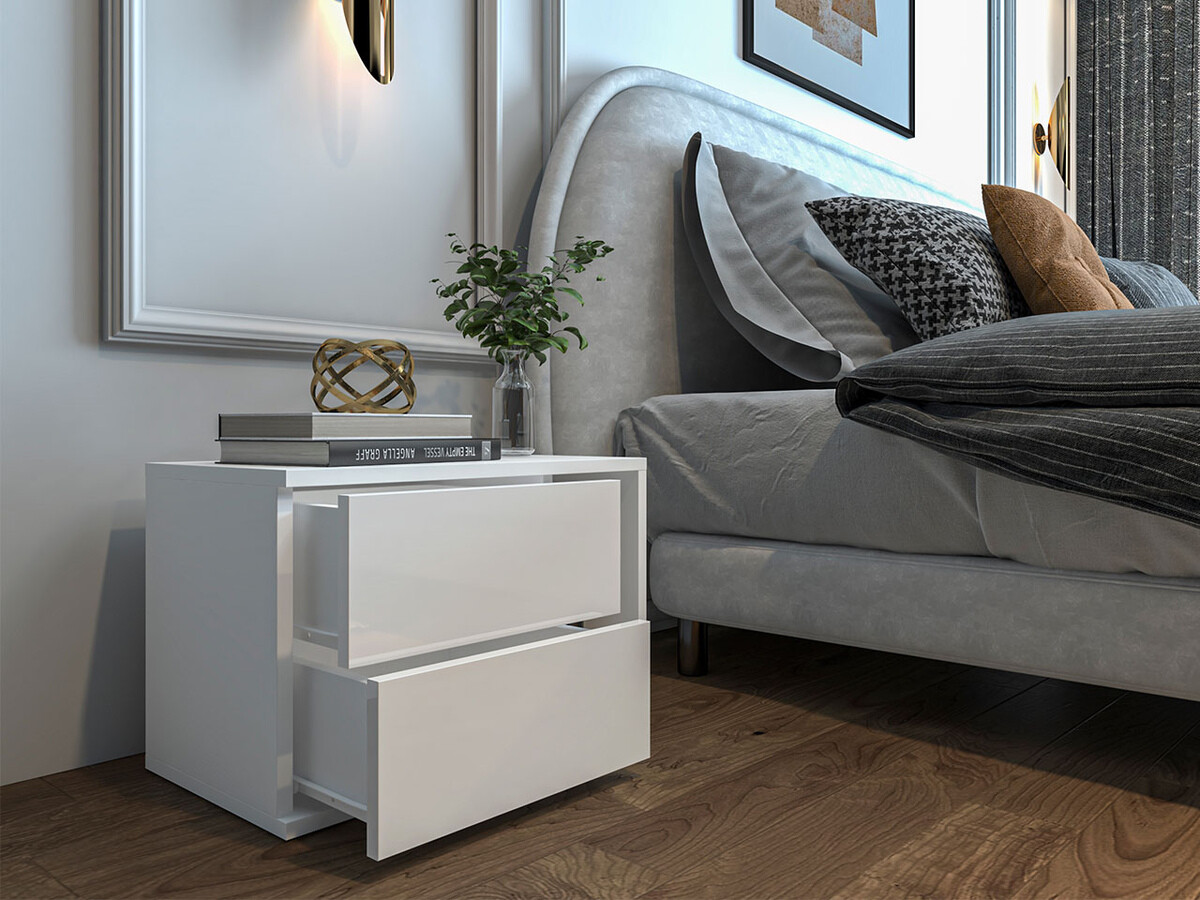 Bedside table Hederos (White + Glossy white)