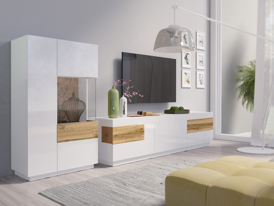 Living room set Livlore 109 (White + Glossy white + Wotan Oak)