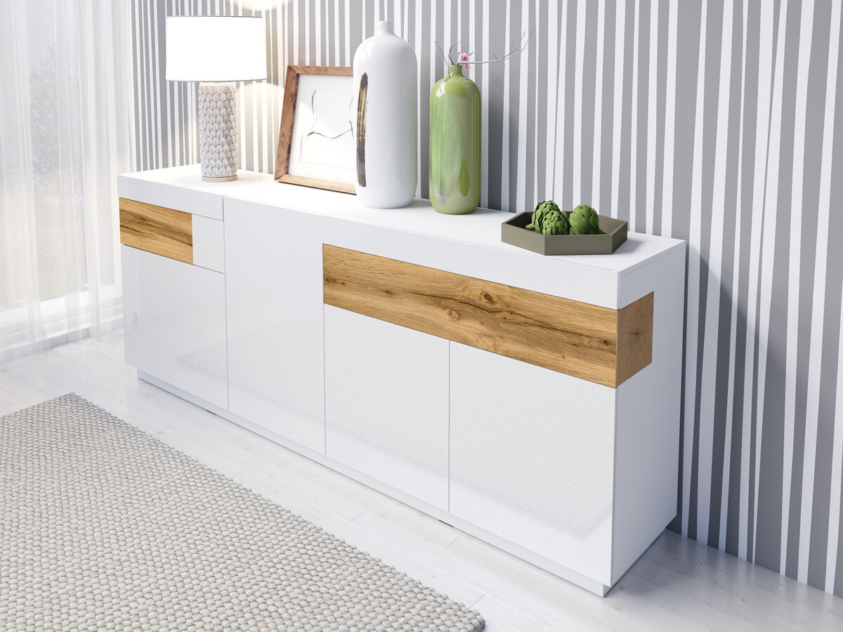 Chest of drawers Livlore 101 (White + Glossy white + Wotan Oak)
