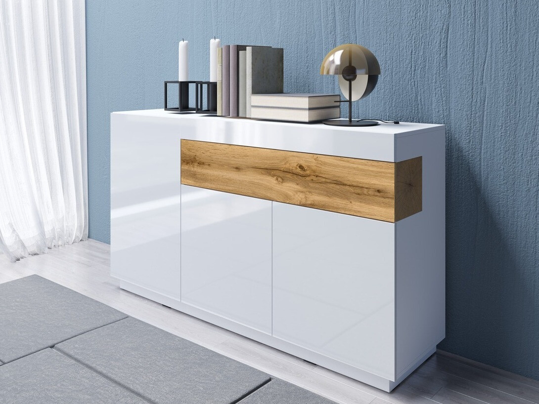 Chest of drawers Livlore 105 (White + Glossy white + Wotan Oak)