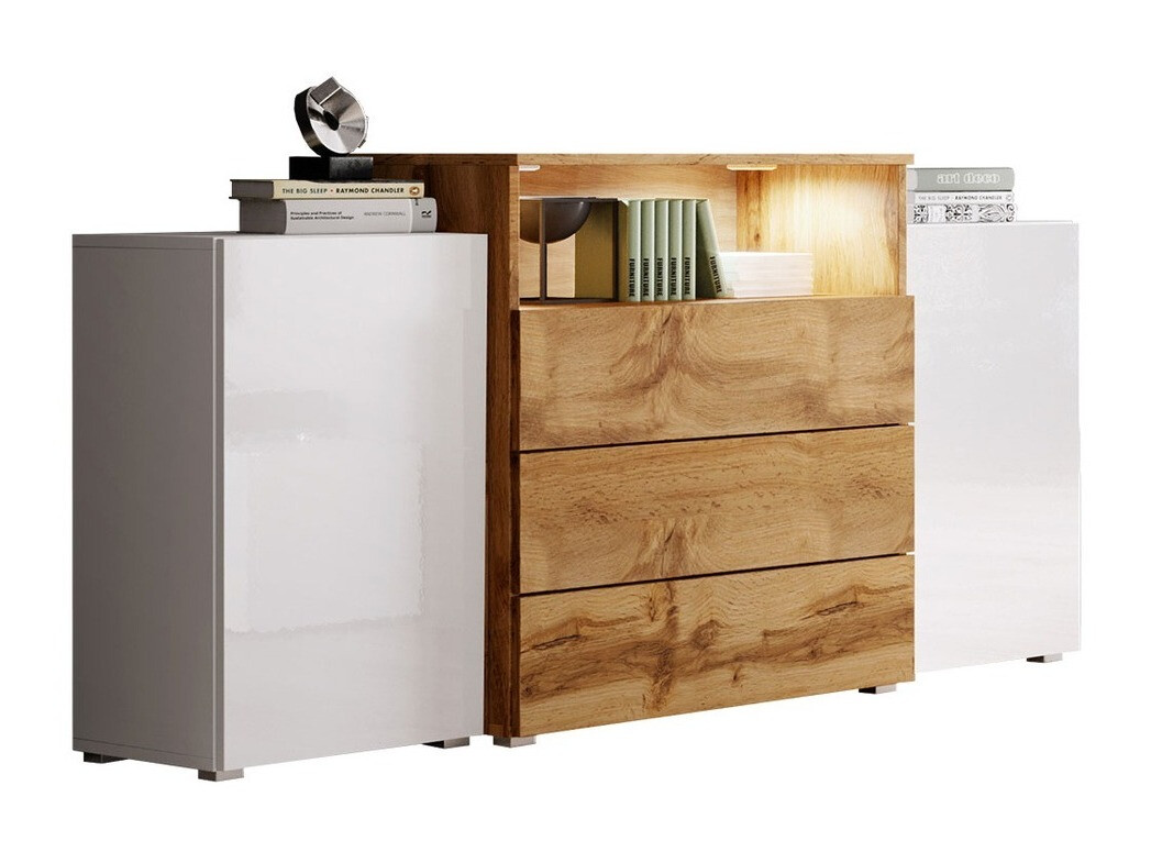 Chest of drawers Sarasota 127 (White + Glossy white + Wotan Oak)