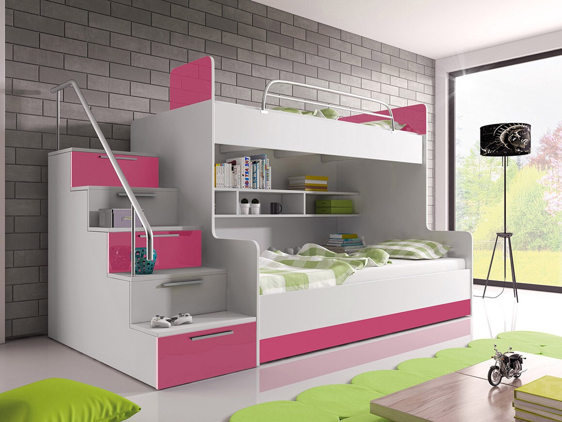 Bunk bed Campus (White + Glossy white + Glossy pink)