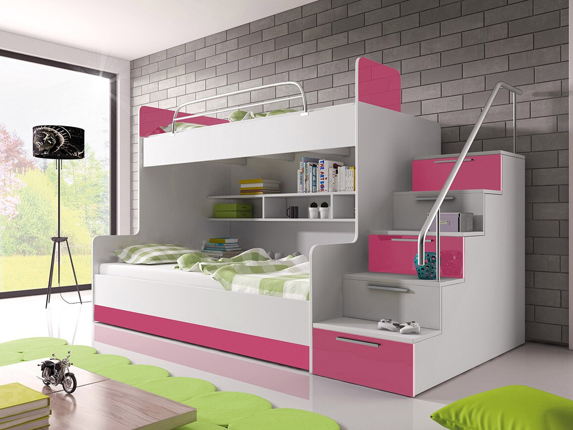 Bunk bed Campus (White + Glossy white + Glossy pink)