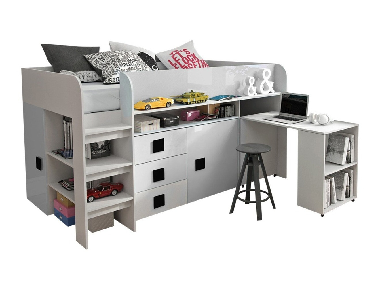 Bed Hartford 190 (White + Glossy white + Glossy black)