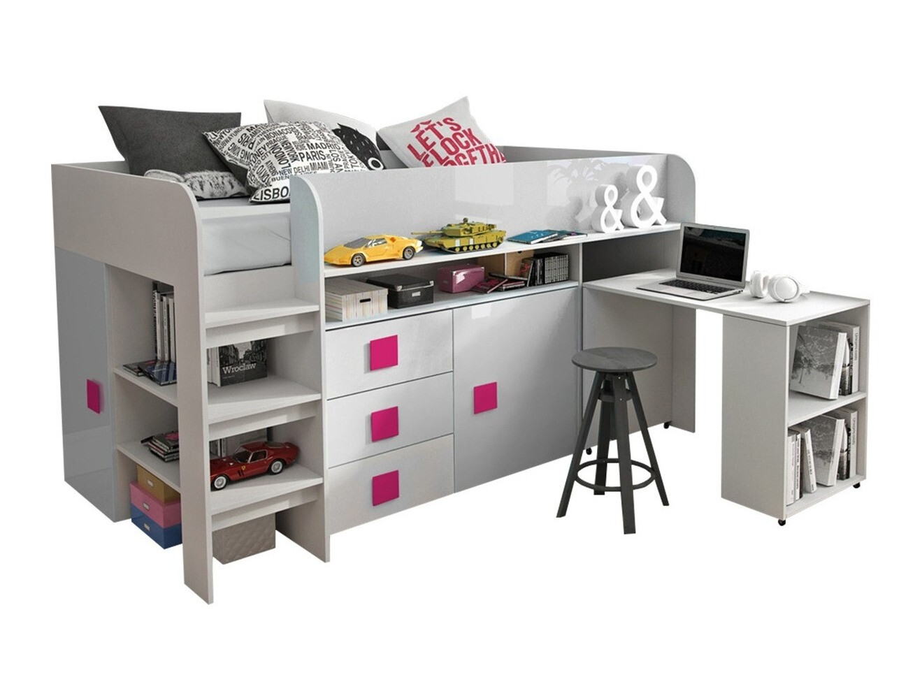 Bed Hartford 190 (White + Glossy white + Glossy pink)