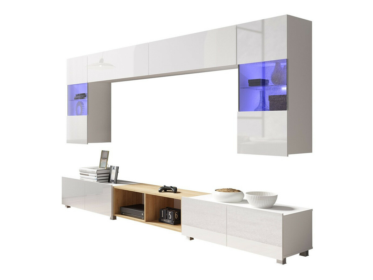 Living room set Remus XXIV (White + Glossy white + Golden oak)
