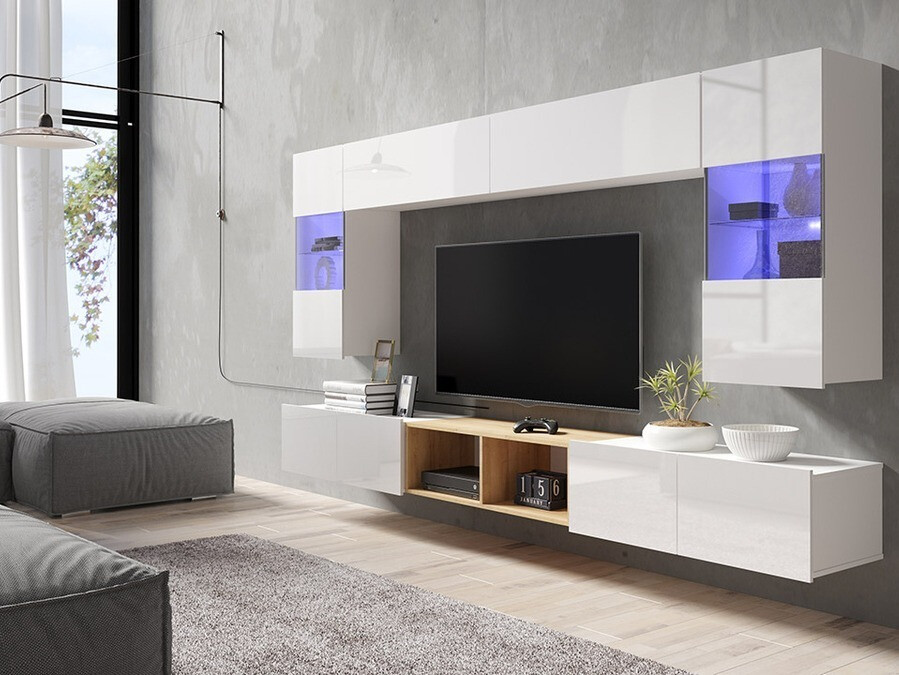 Living room set Tivdalu 144 (White + Glossy white + Golden oak)