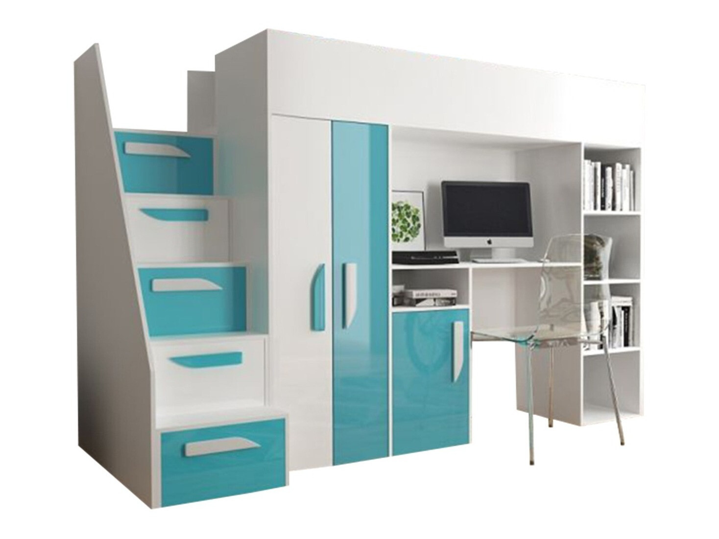 Loft bed Hartford 192 (White + Glossy Turquoise + Glossy white)