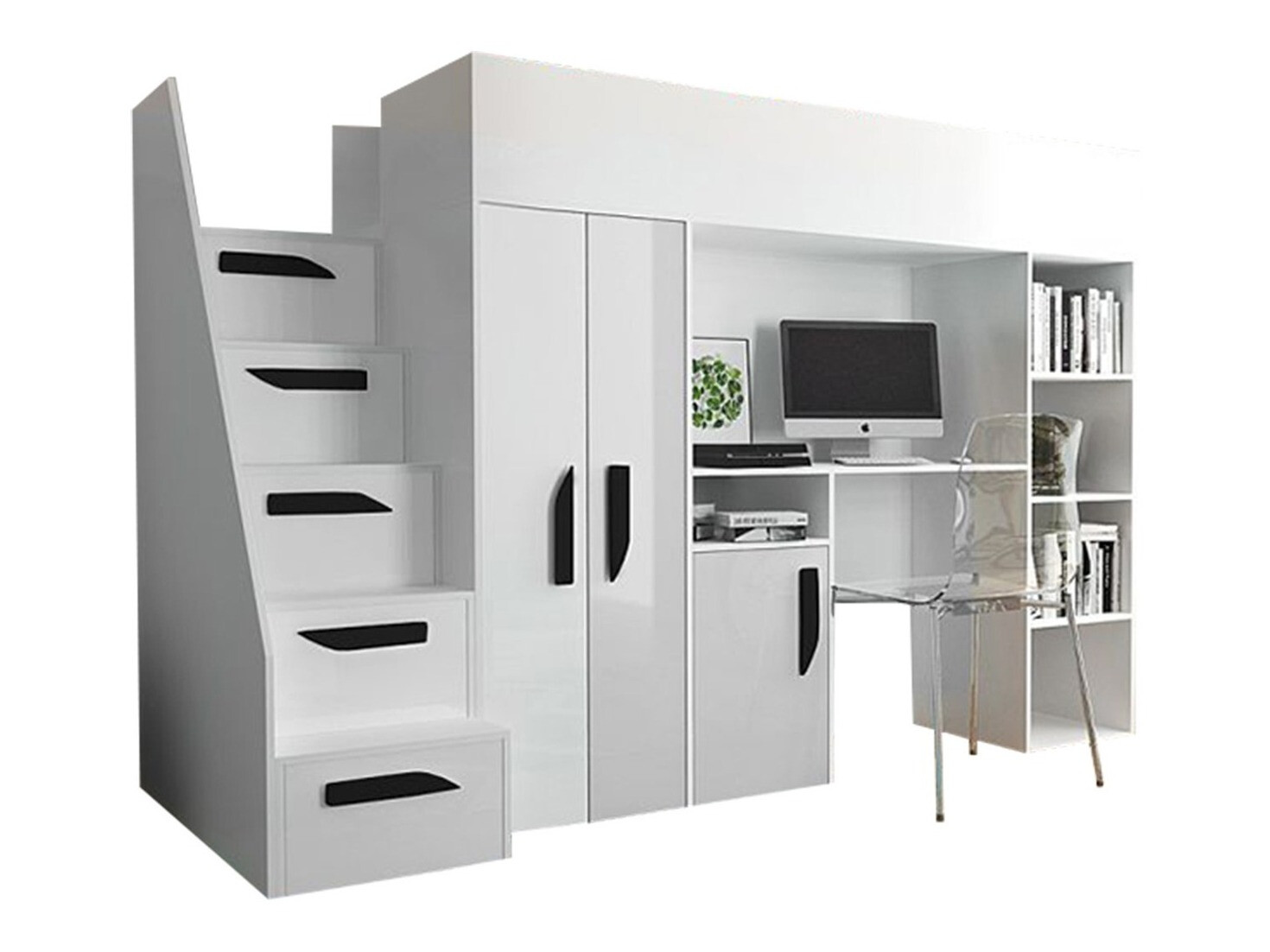 Loft bed Hartford 192 (White + Glossy white + Glossy black)