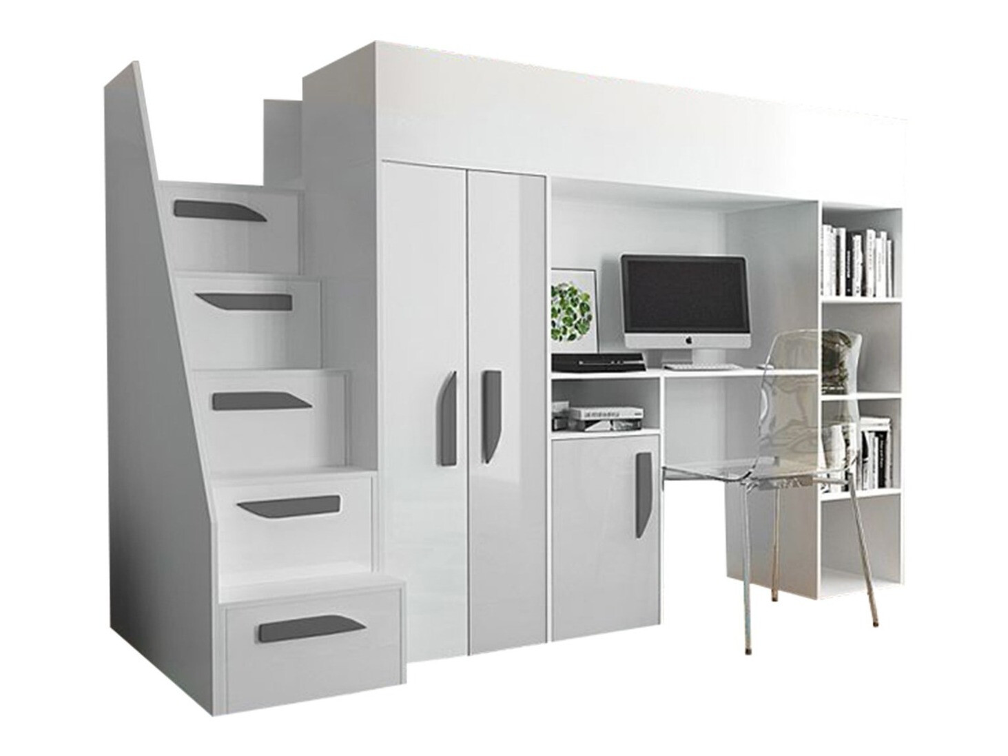 Loft bed Hartford 192 (White + Glossy white + Glossy grey)