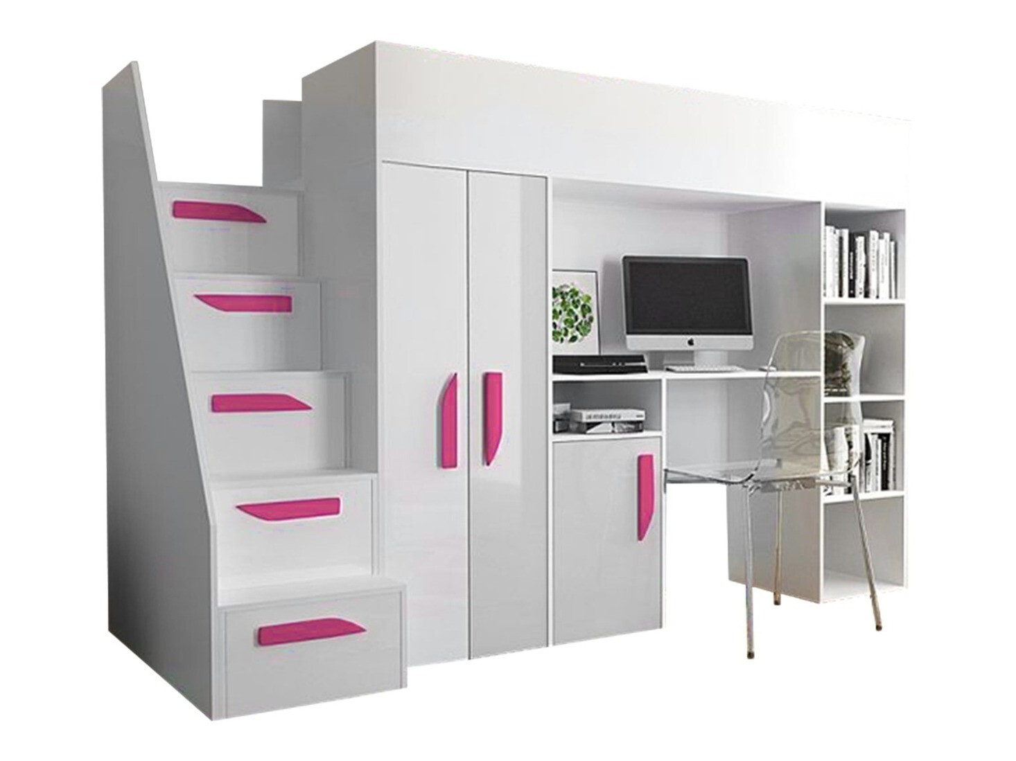 Loft bed Hartford 192 (White + Glossy white + Glossy pink)