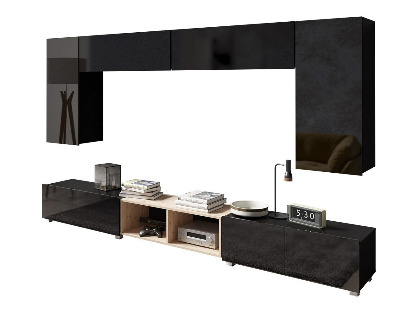 Living room set Remus XXIII (Black + Glossy black + Artisan oak)