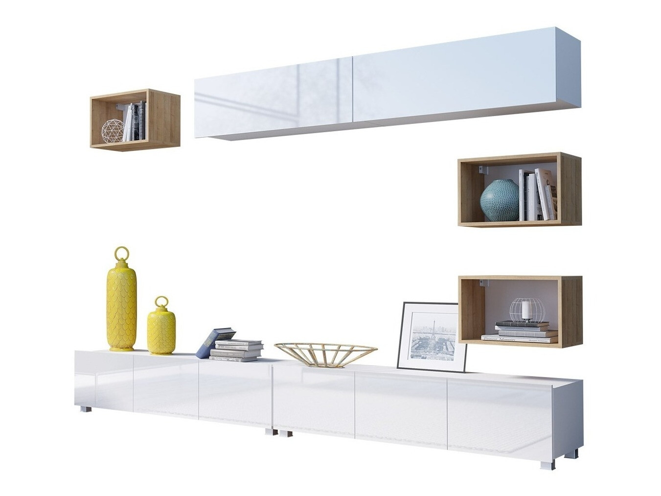 Living room set Remus XXXI (White + Glossy white + Golden oak)