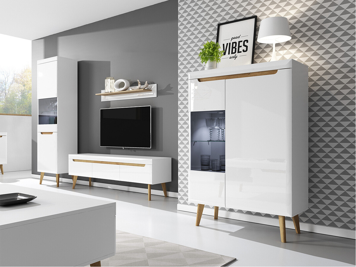 Wall shelf Bracchal (White + Glossy white + Riviera oak)