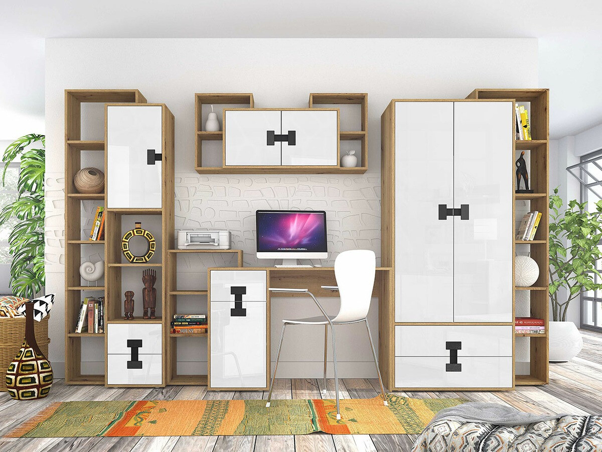 Home office set Florevi 104 (Glossy white + Artisan oak)