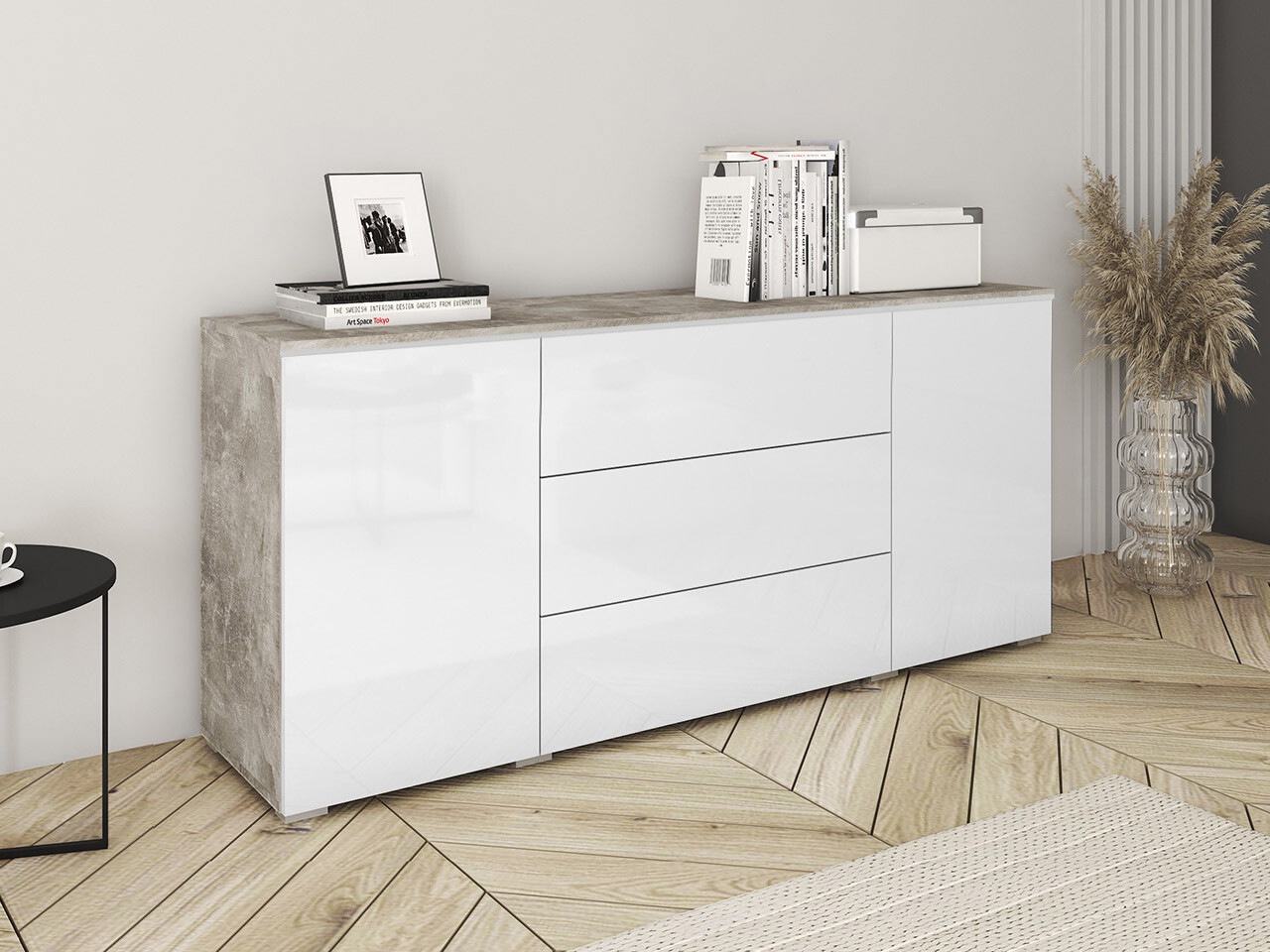 Chest of drawers Mirfivo 102 (Concrete + Glossy white)
