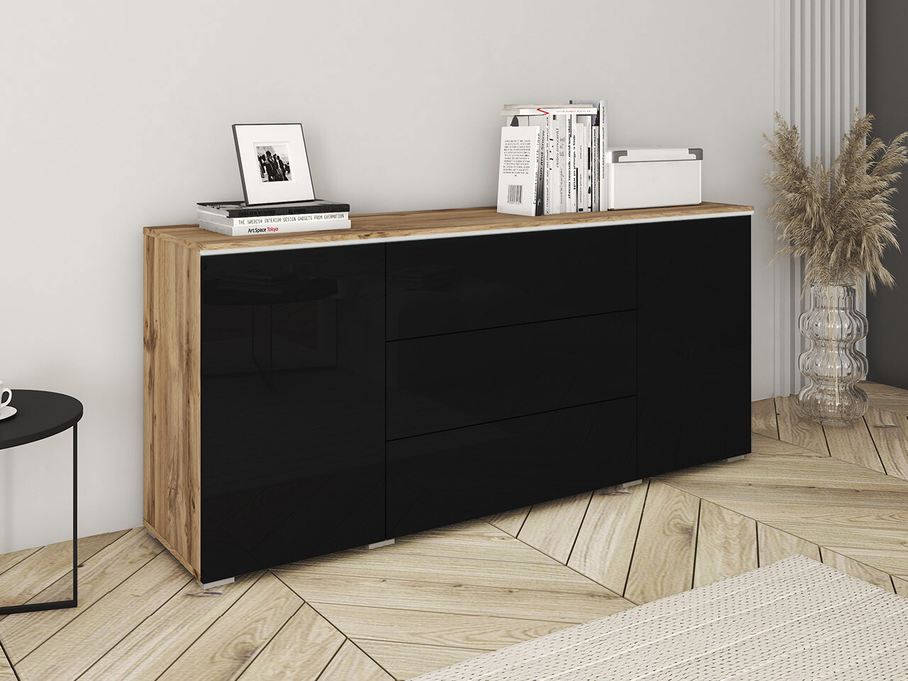 Chest of drawers Mirfivo 102 (Wotan Oak + Glossy black)