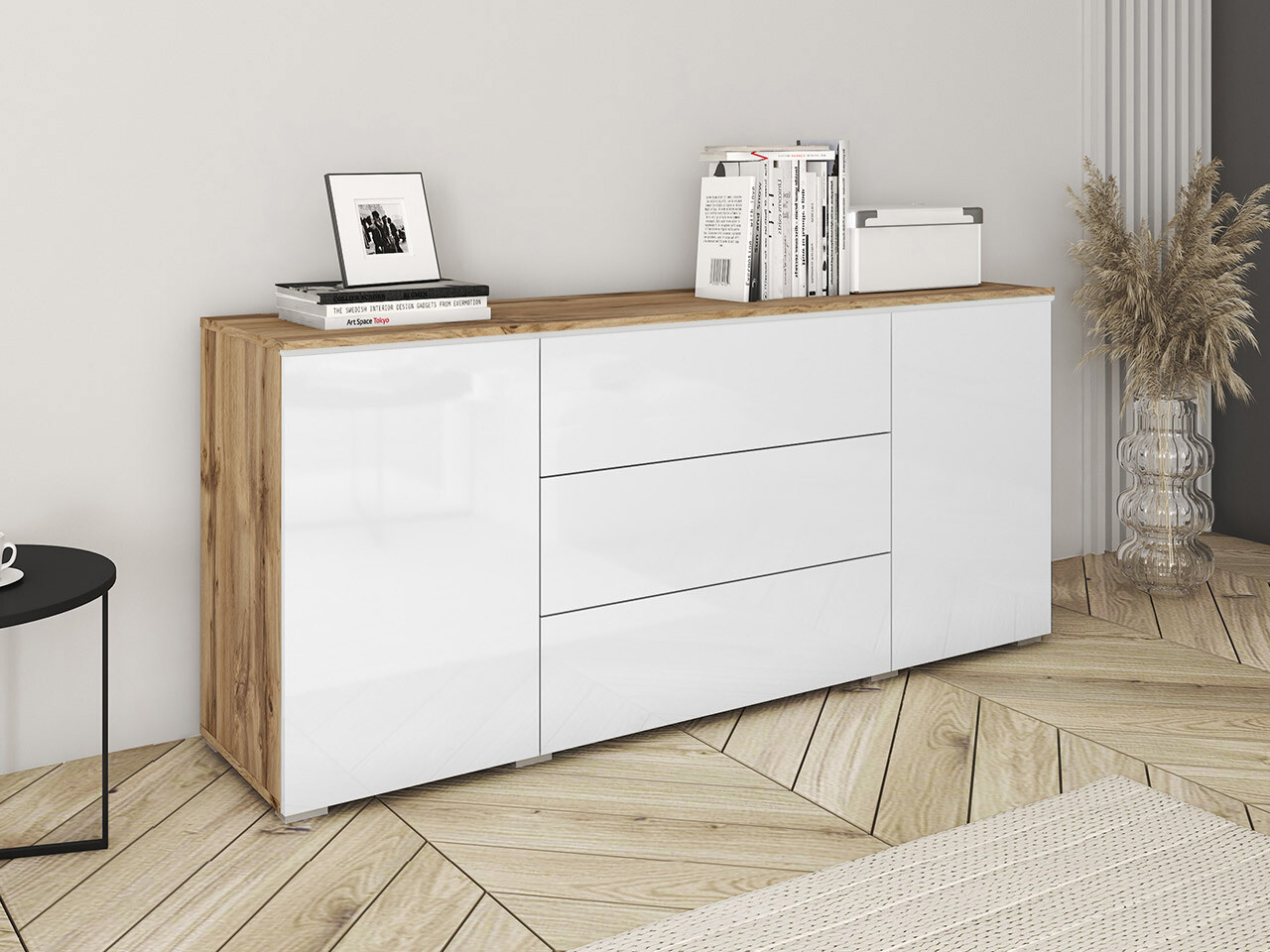 Chest of drawers Mirfivo 102 (Wotan Oak + Glossy white)