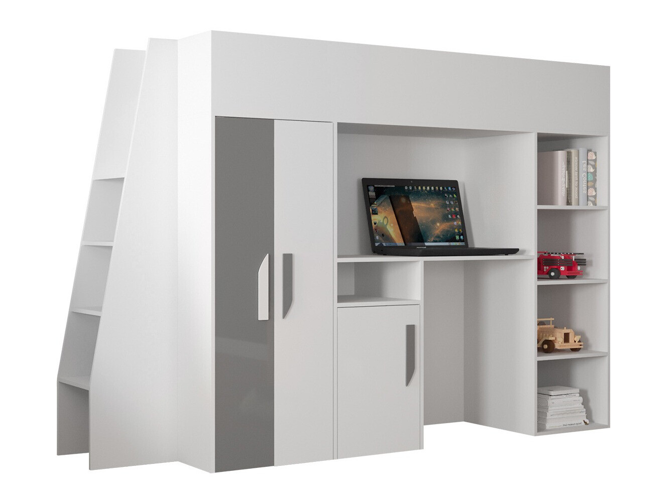 Loft bed Hartford 355 (White + Gloss grey + Glossy white)