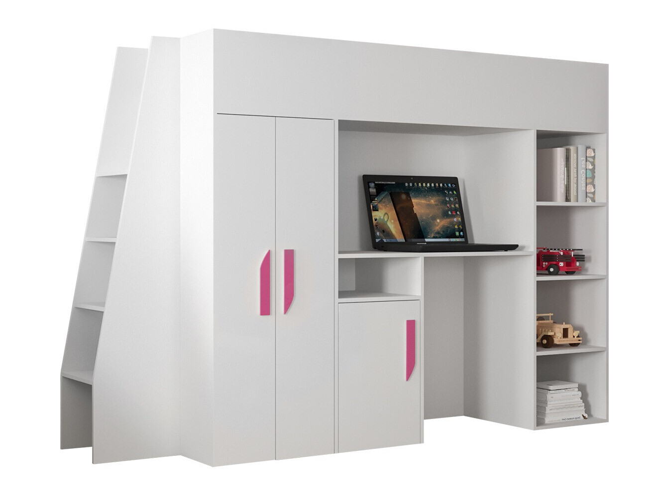Loft bed Hartford 355 (White + Glossy white + Pink)
