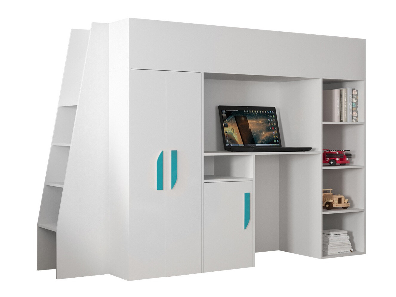 Loft bed Hartford 355 (White + Glossy white + Turquoise)