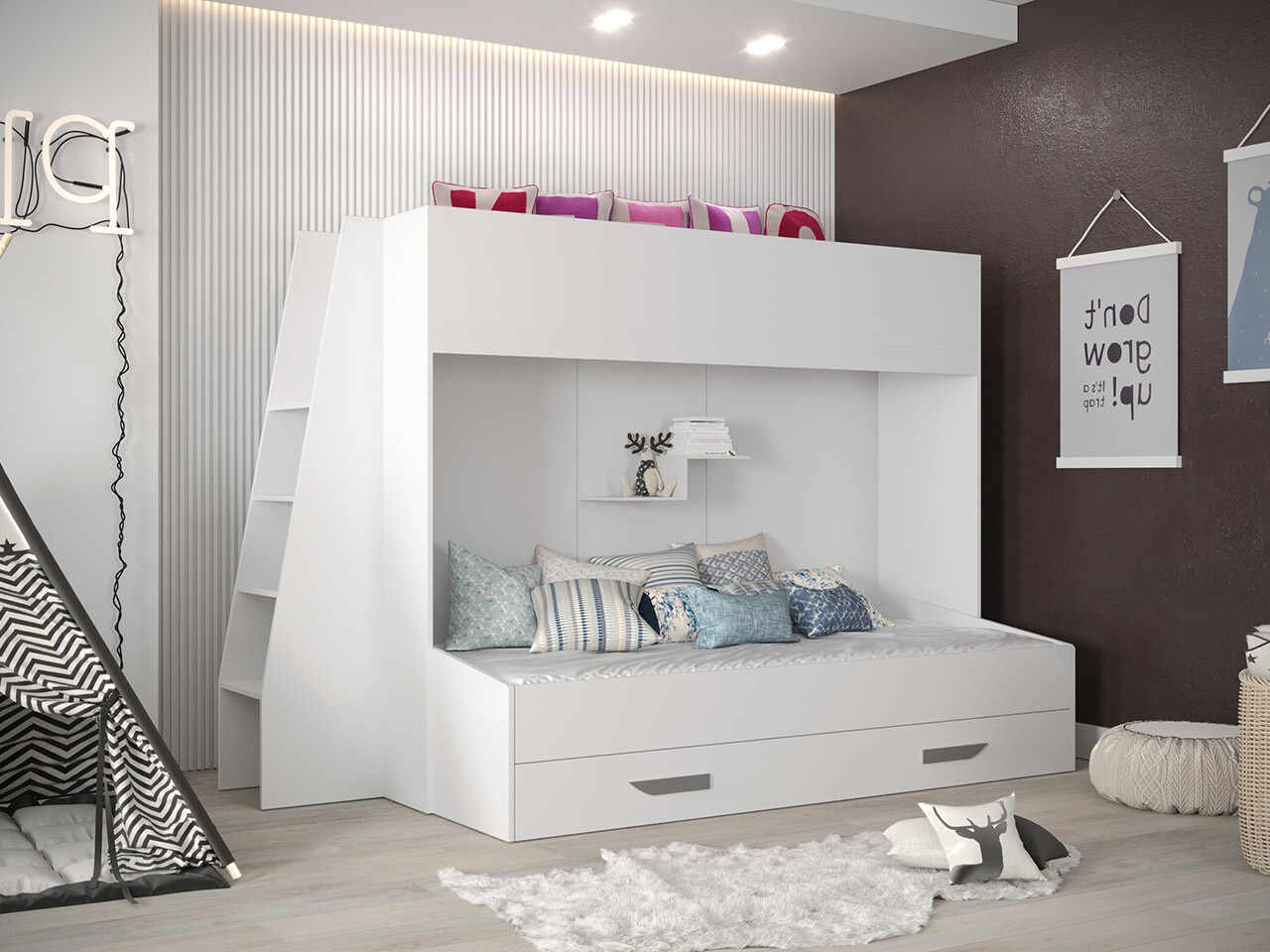 Bunk bed Hartford 357 (White + Glossy white + Grey)