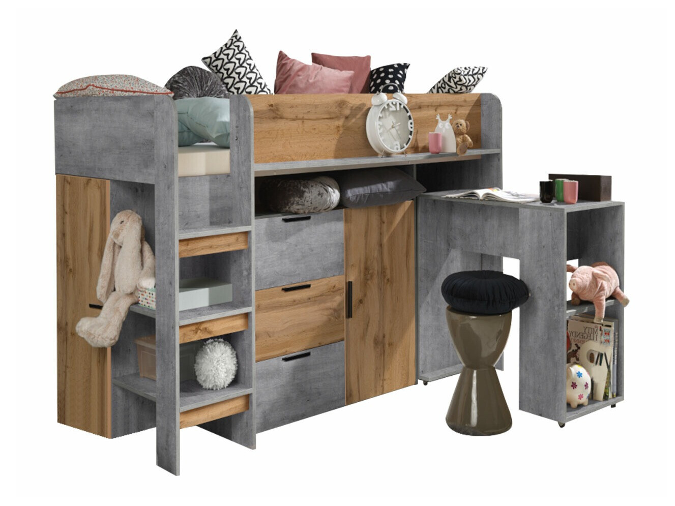 Loft bed Hartford 363 (Concrete + Wotan Oak)