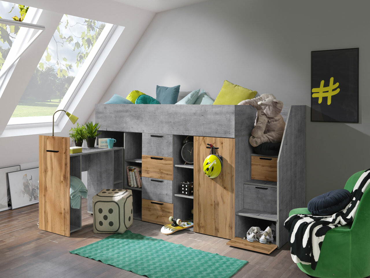Loft bed Hartford 364 (Concrete + Wotan Oak)
