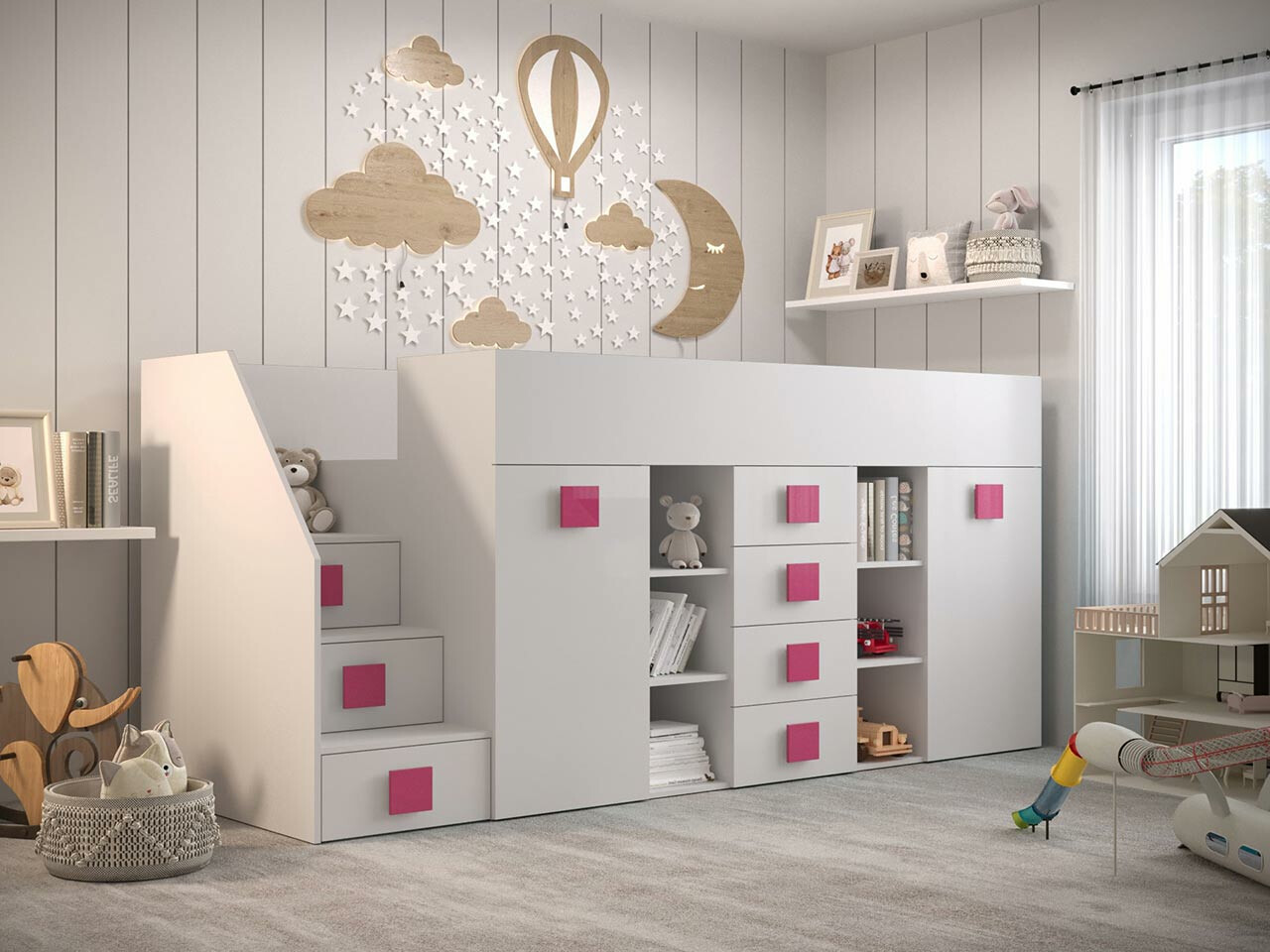 Loft bed Hartford 366 (White + Glossy white + Pink)