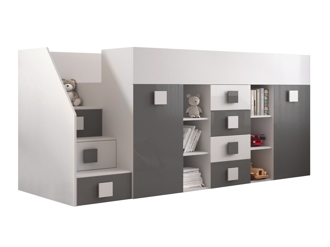 Loft bed Hartford 366 (White + Gloss grey + Glossy white)