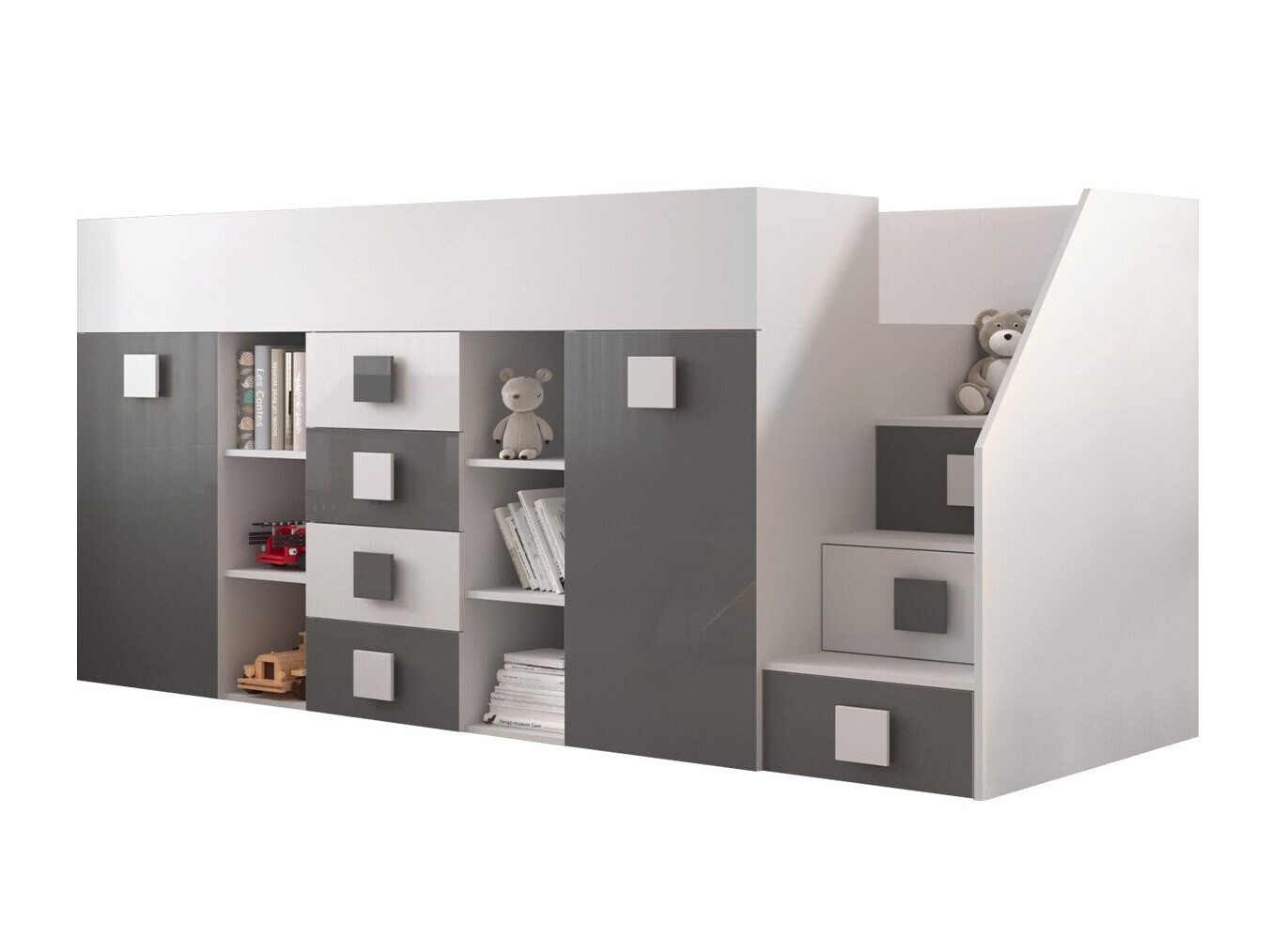 Loft bed Hartford 366 (White + Gloss grey + Glossy white)