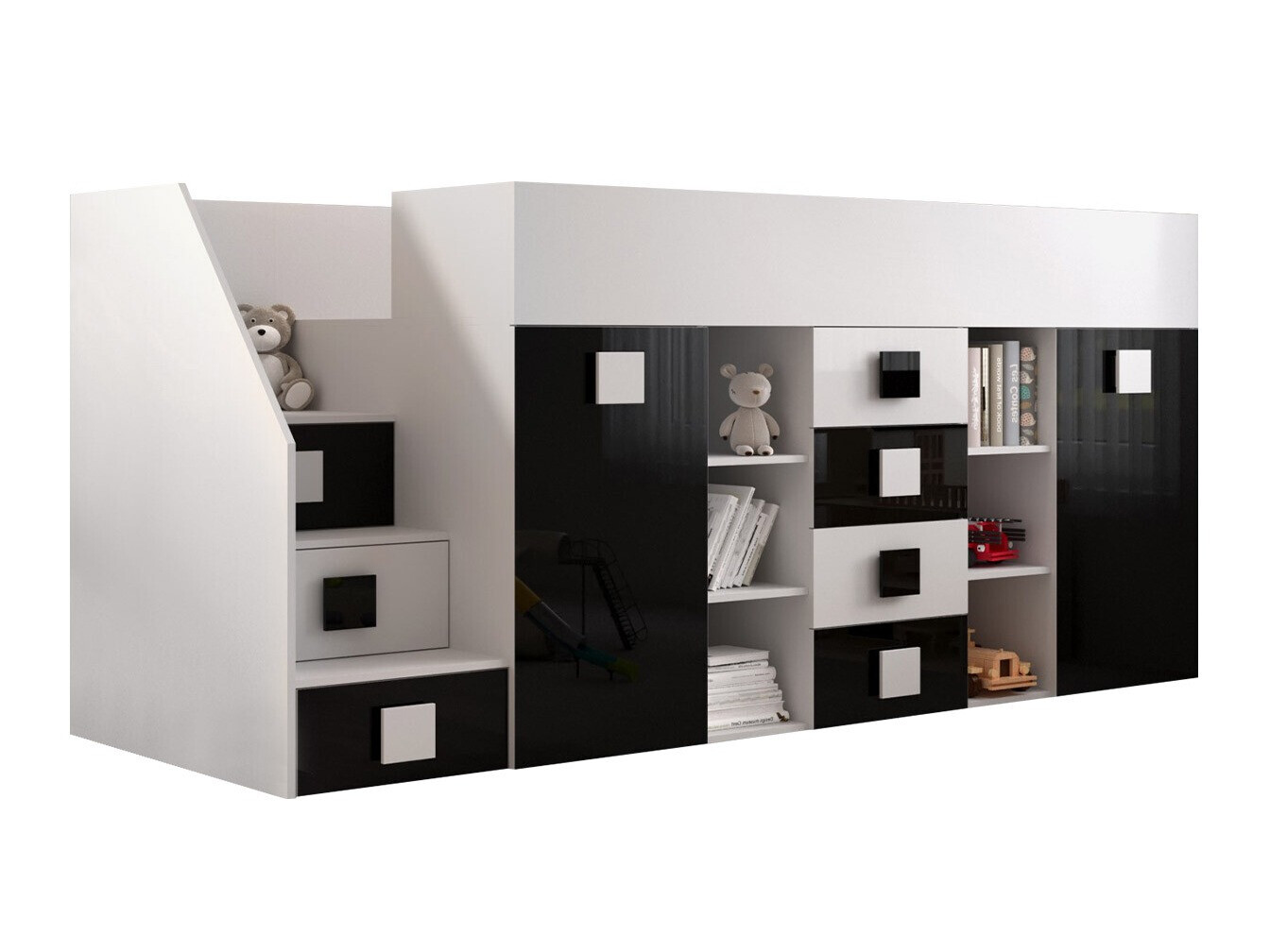 Loft bed Hartford 366 (White + Glossy black + Glossy white)