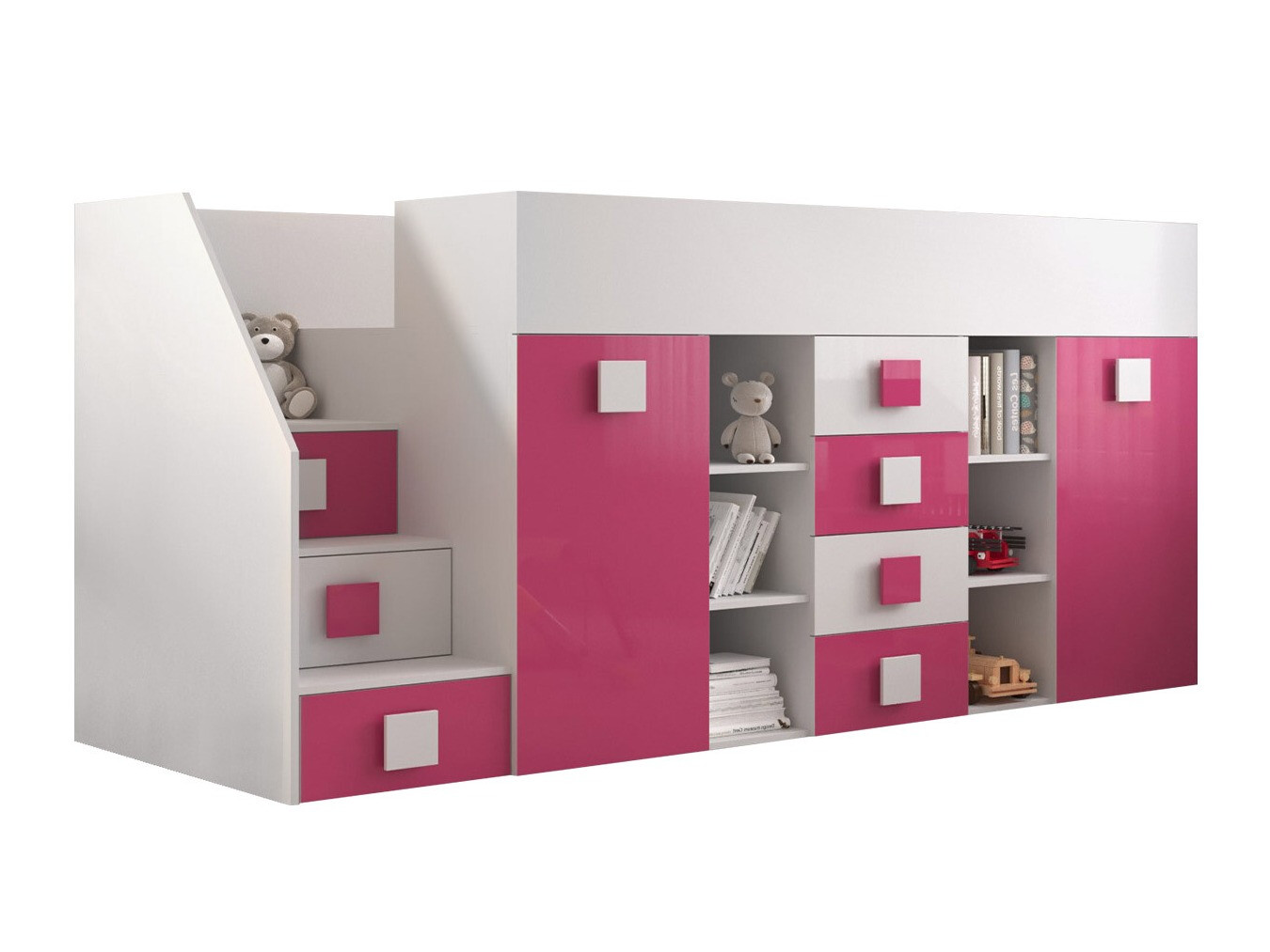 Loft bed Hartford 366 (White + Glossy pink + Glossy white)