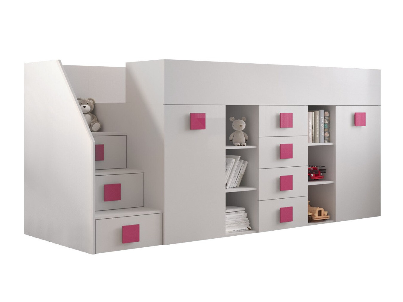 Loft bed Hartford 366 (White + Glossy white + Pink)