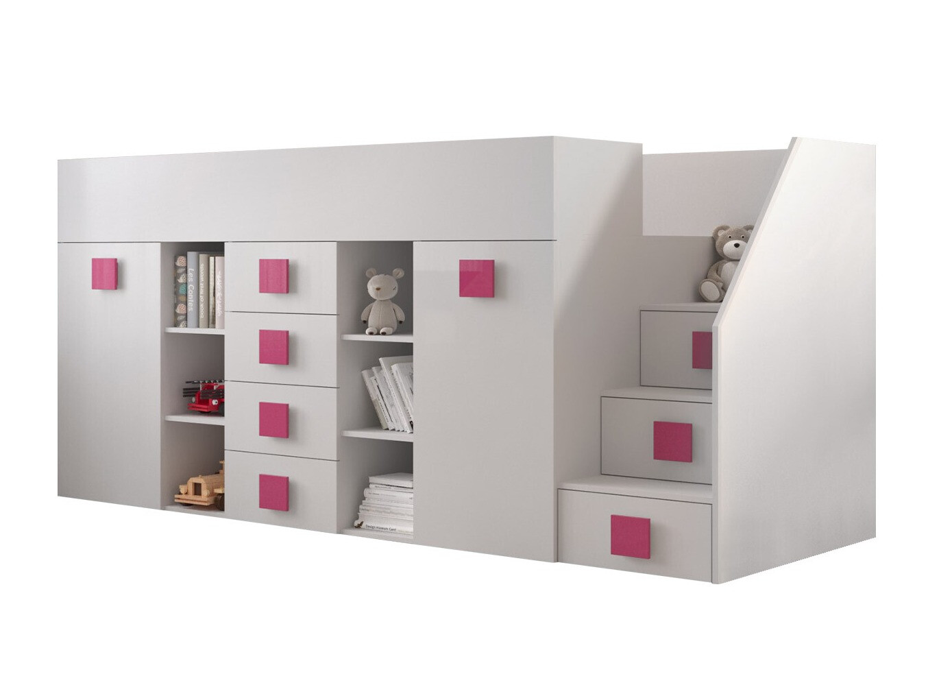 Loft bed Hartford 366 (White + Glossy white + Pink)