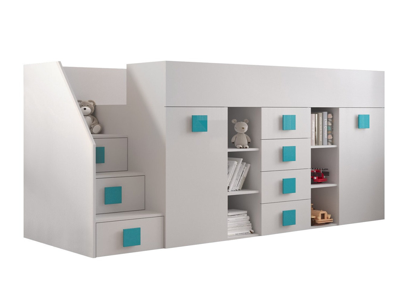 Loft bed Hartford 366 (White + Glossy white + Turquoise)