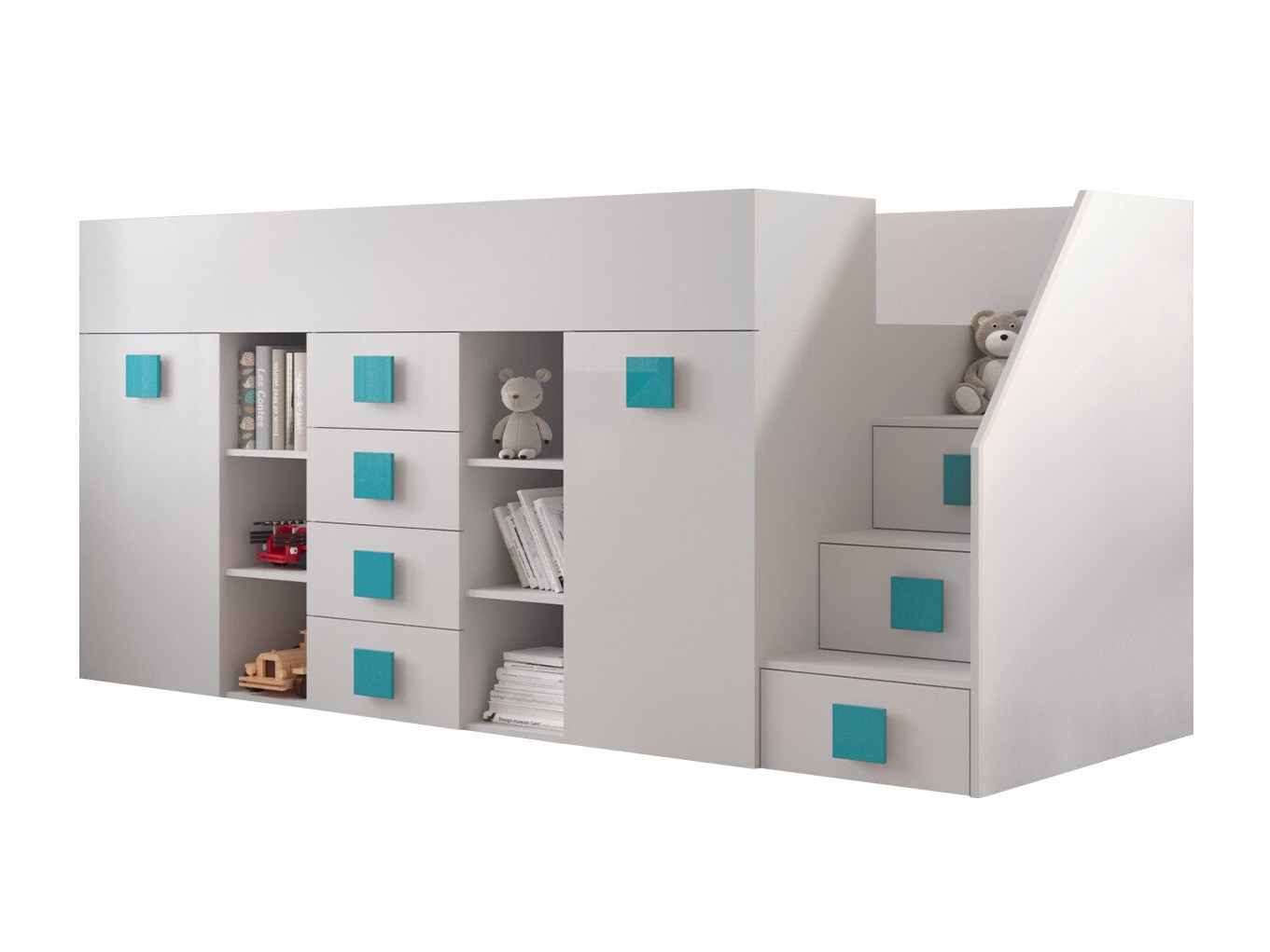 Loft bed Hartford 366 (White + Glossy white + Turquoise)