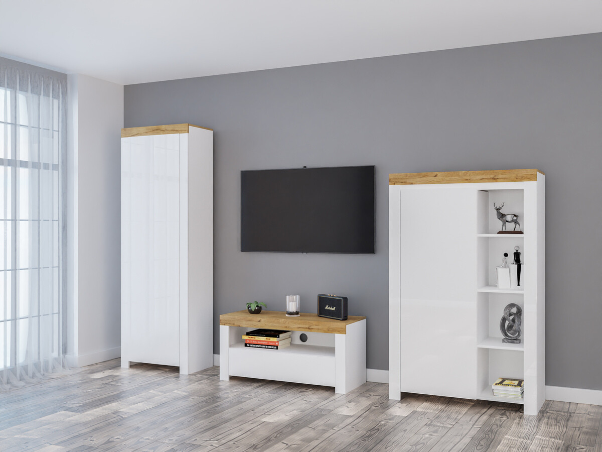 Living room set Sonsoru 147 (White + Glossy white + Wotan Oak)