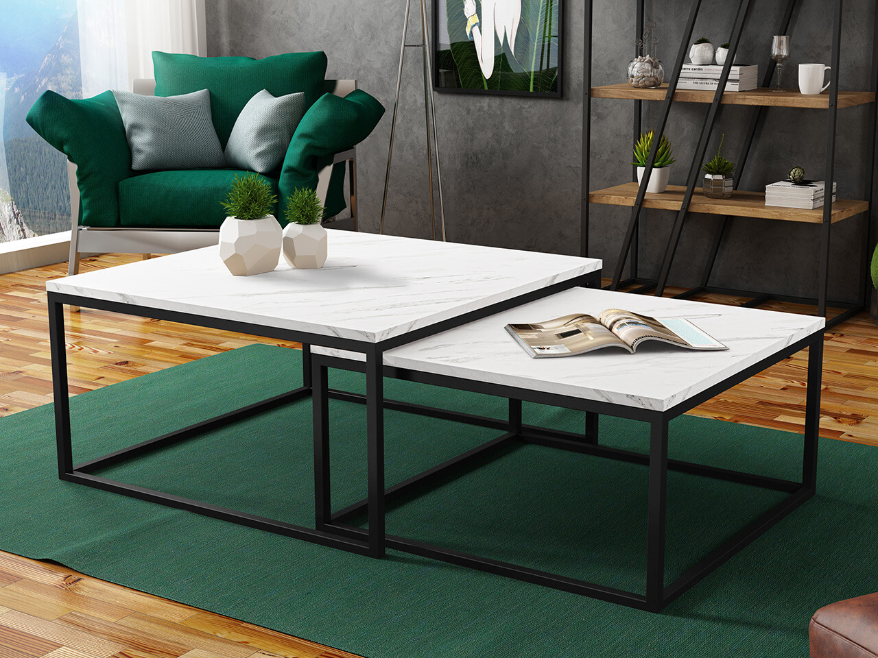 Nest of coffee tables Oswego 101 (White marble + Black)