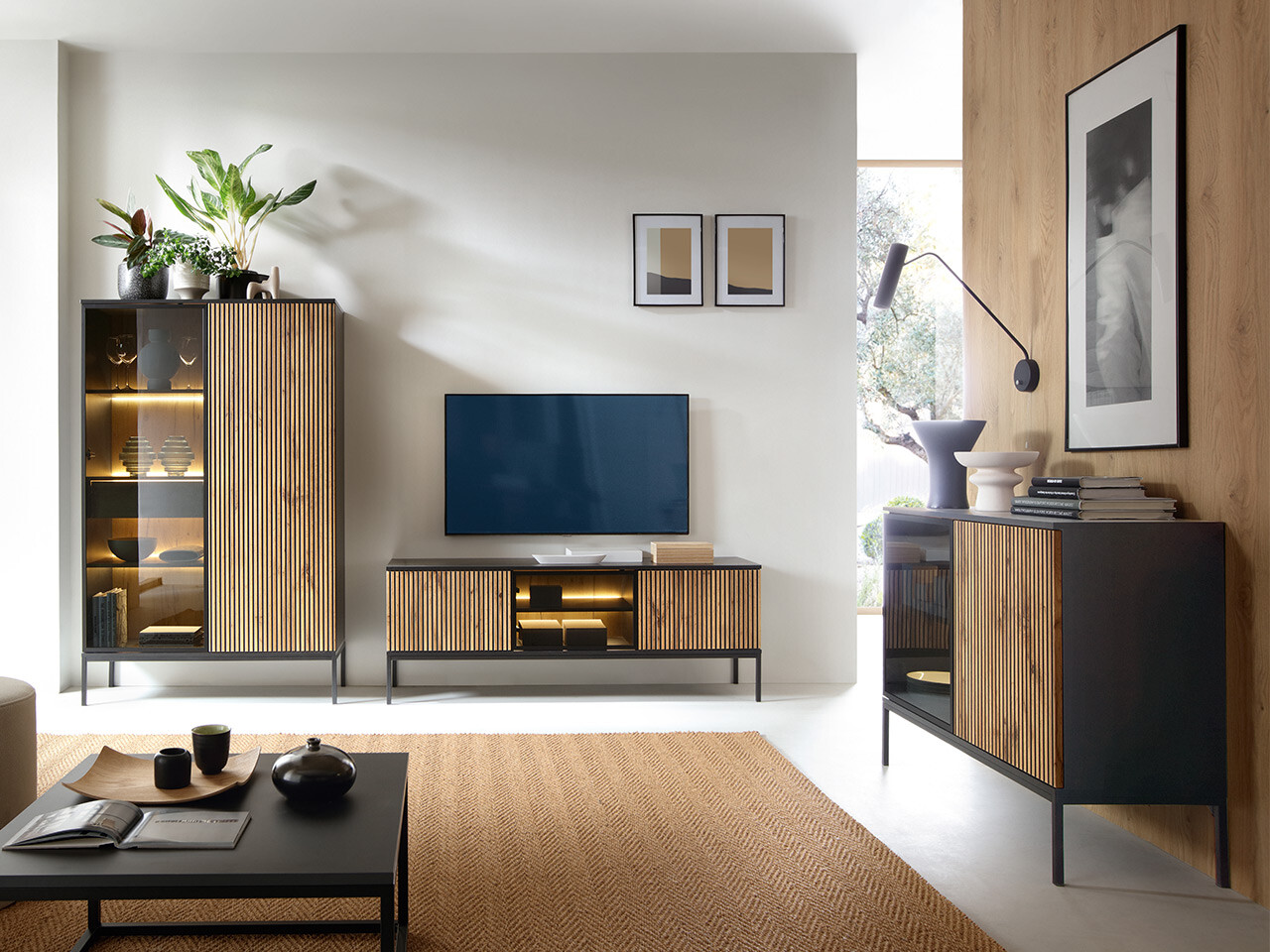 Living room set Manal (Black + Wotan Oak)