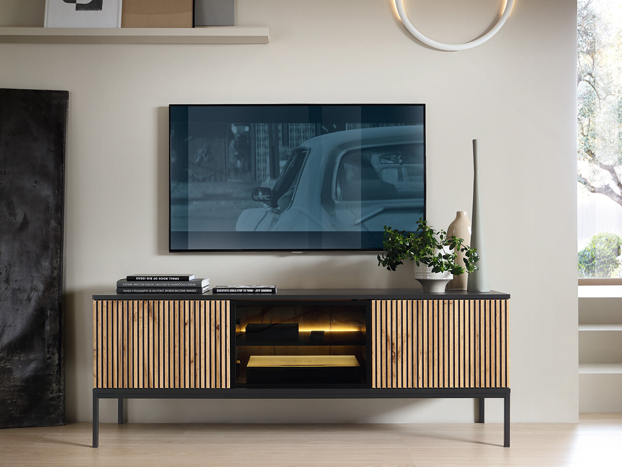 TV stand Soferi 111 (Black + Wotan Oak)