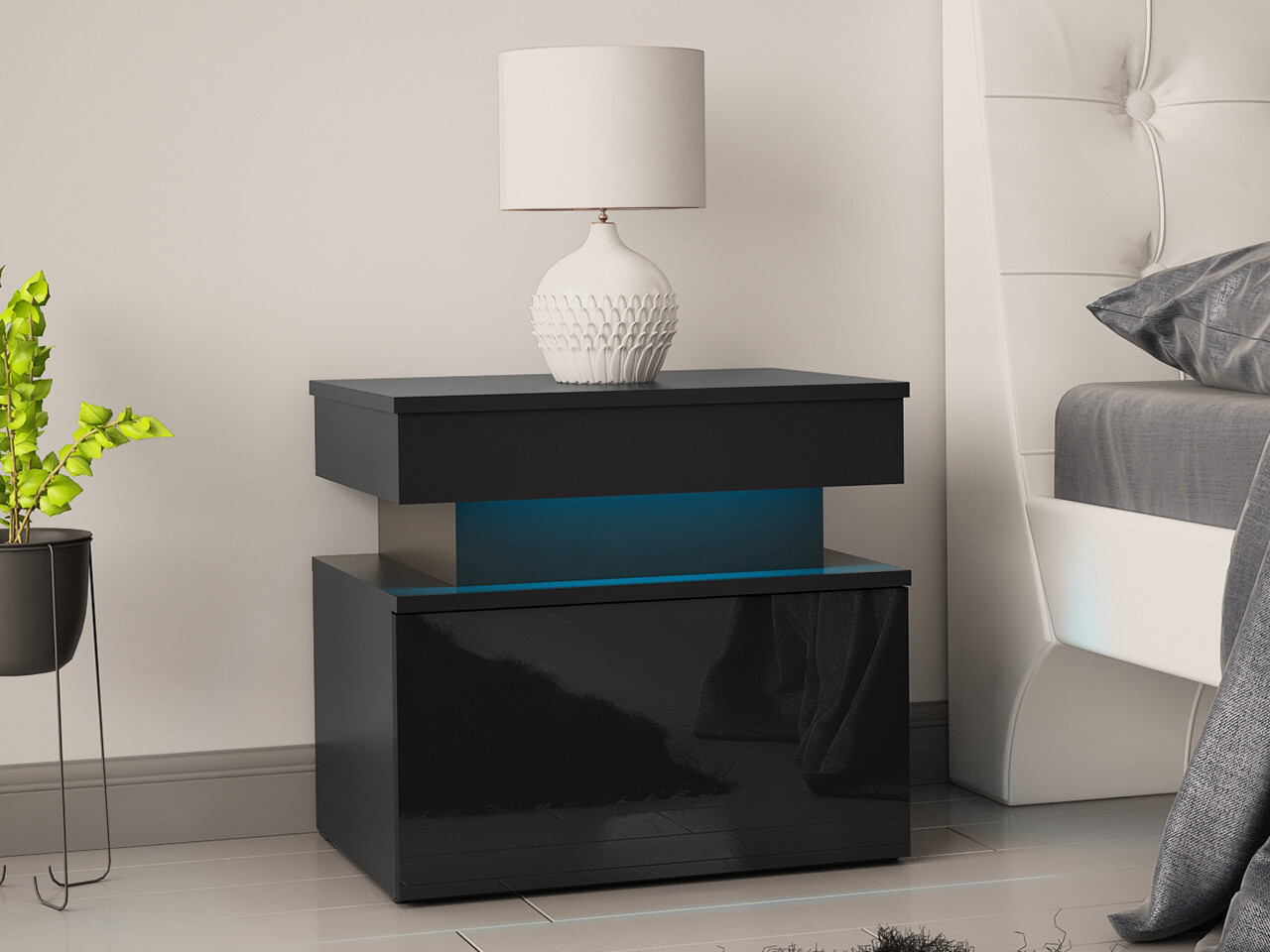Bedside table Monfero (Black + Glossy black)