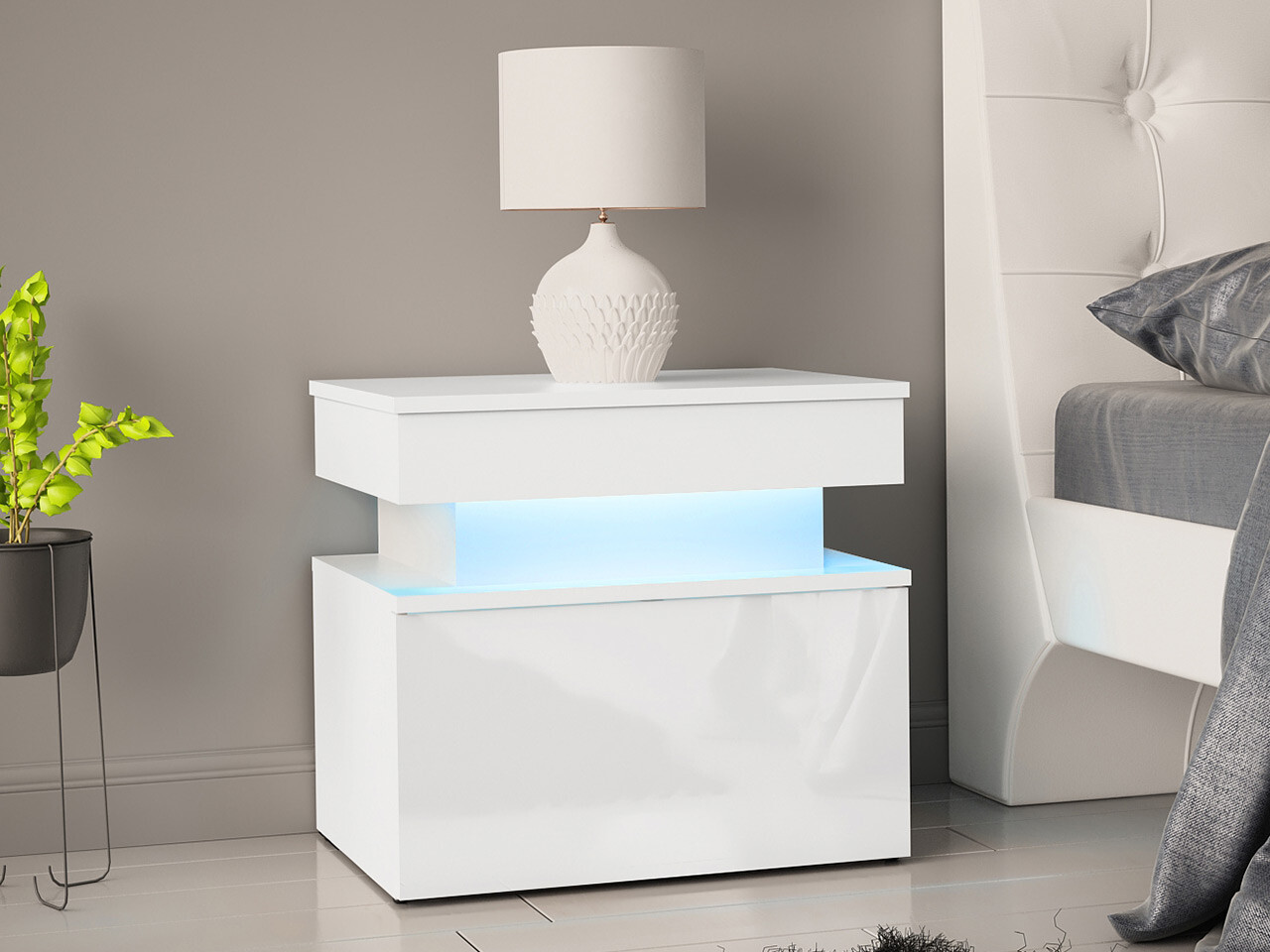 Bedside table Monfero (White + Glossy white)