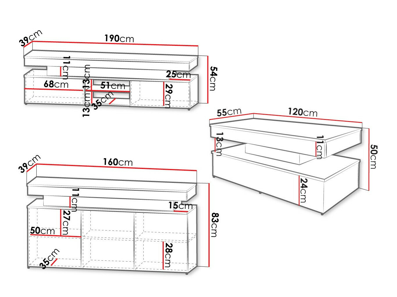 Living room set Monfero (Black + Glossy black)