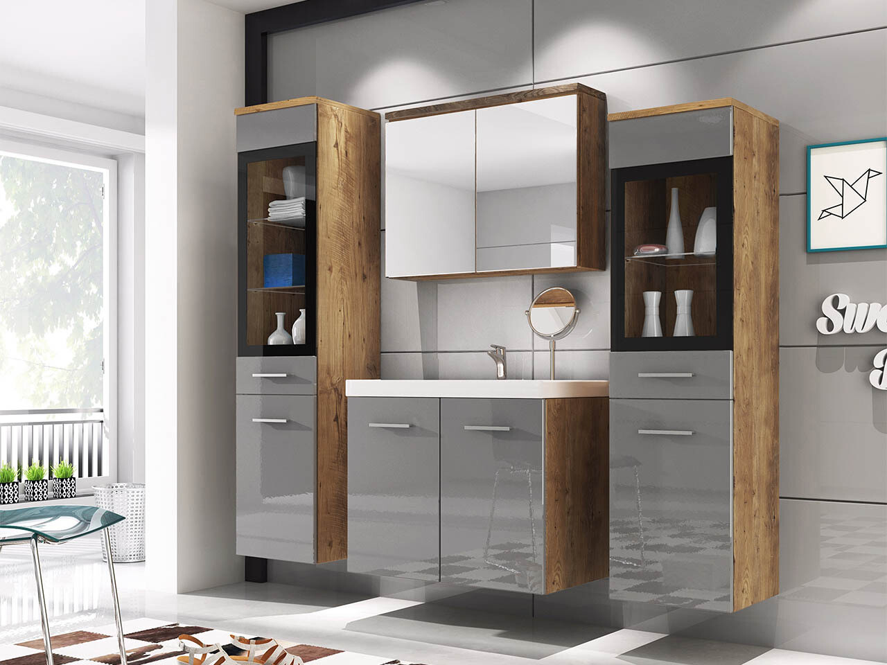 Bathroom set Scientia III (Gloss grey + Chestnut)