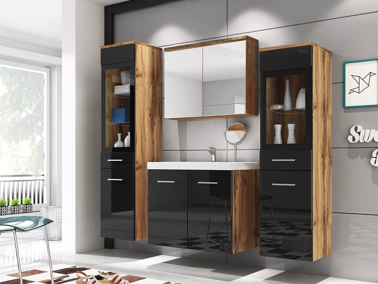Bathroom set Scientia III (Glossy black + Wotan Oak)