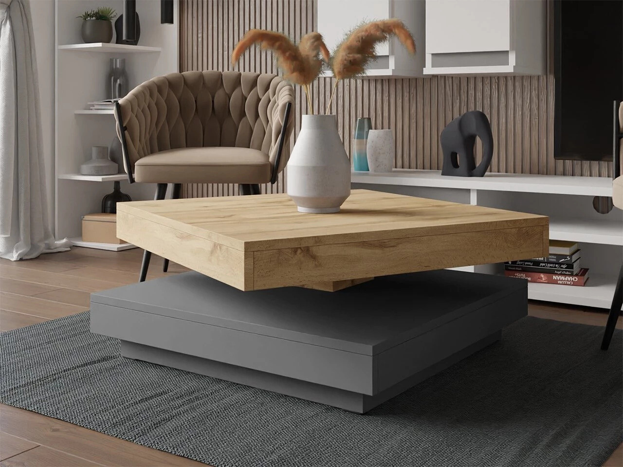 Coffee table transformer Comfivo Pisces (Graphite + Wotan Oak)