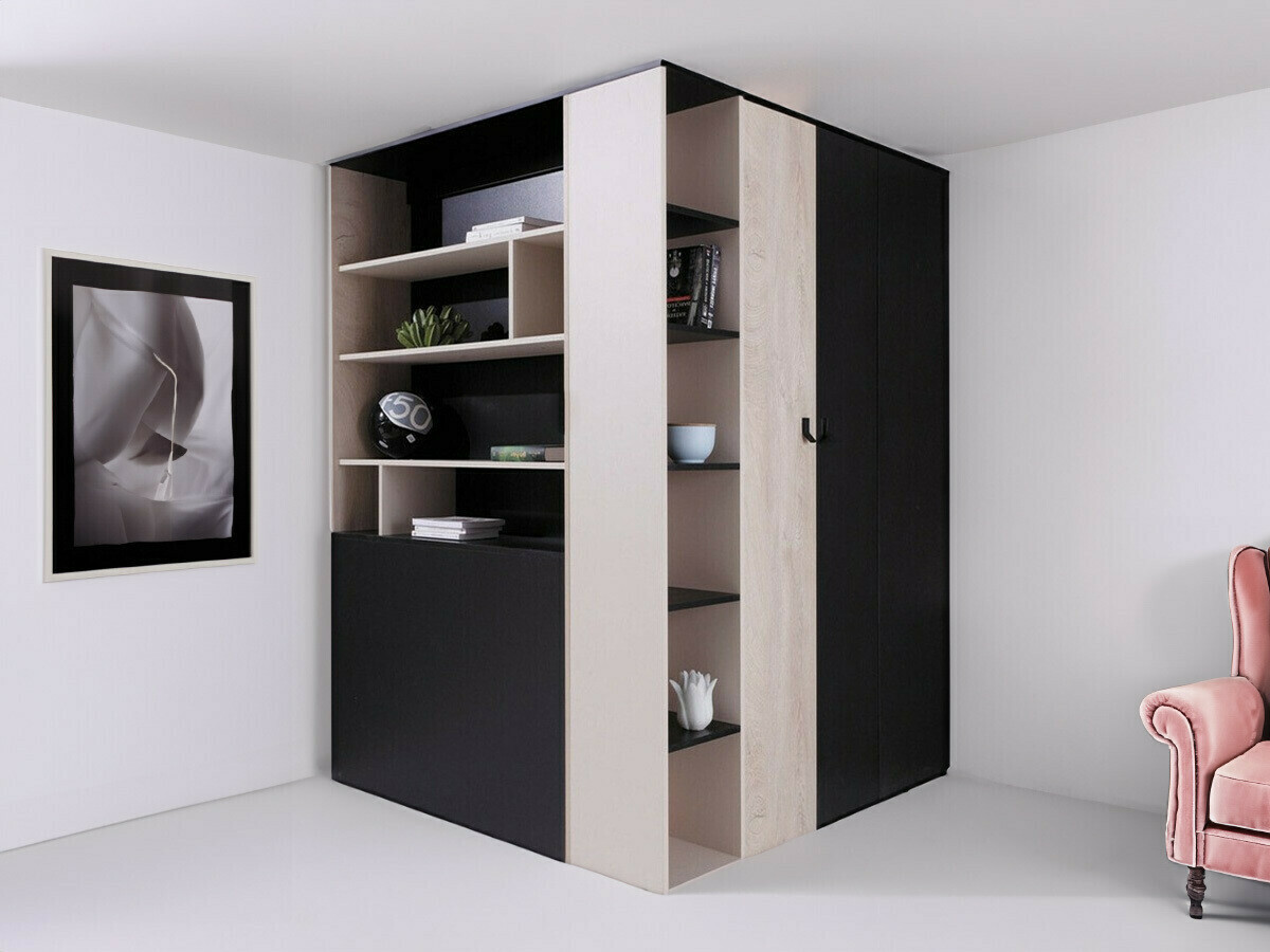 Corner wardrobe Camteso 113 (Black + Oak + Beige)
